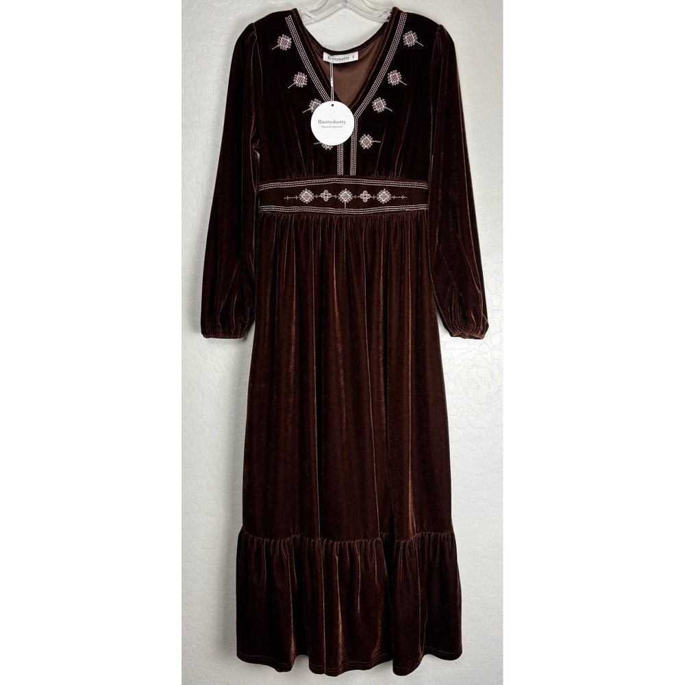 Rusttydustty Brown Velvet Embroidered Maxi Dress Long Sleeve V-Neck Small 2417